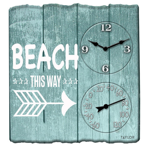 Taylor Precision Products 92685T 14-Inch x 14-Inch Beach This Way Clock with Thermometer