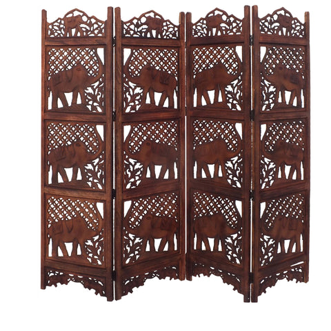 Hand Carved Elephant Design Fold able 4-Panel Wooden Room Divider, Brown