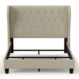 QUEEN SIZE UPHOLSTERED WINGBACK BED WITH BUTTON TUFTED HEADBOARD OATMEAL BEIGE
