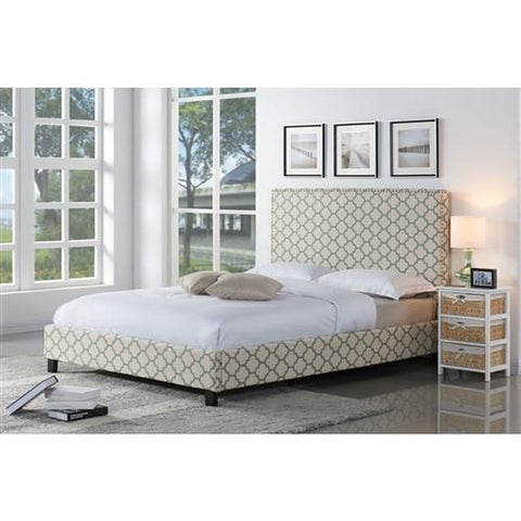 FULL SIZE UPHOLSTERED PLATFORM BED AND HEADBOARD WITH LATTICE SEAFOAM TRELLIS PATTERN