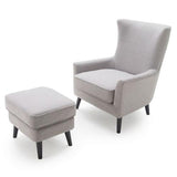 GRAY WOOL BLEND UPHOLSTERED MID-CENTURY ARM CHAIR AND OTTOMAN