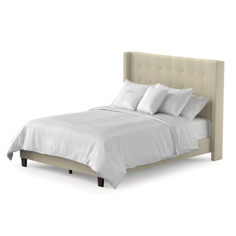 QUEEN SIZE UPHOLSTERED BED WITH BUTTON-TUFTED WINGBACK HEADBOARD IN IVORY