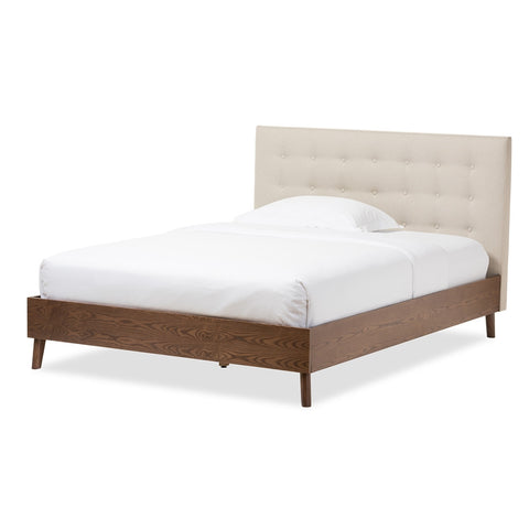 Baxton Studio Alinia Mid-Century Retro Modern Light Beige Fabric Upholstered Walnut Wood Queen Size Platform Bed