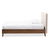 Baxton Studio Alinia Mid-Century Retro Modern Light Beige Fabric Upholstered Walnut Wood Queen Size Platform Bed