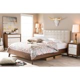 Baxton Studio Alinia Mid-Century Retro Modern Light Beige Fabric Upholstered Walnut Wood Queen Size Platform Bed