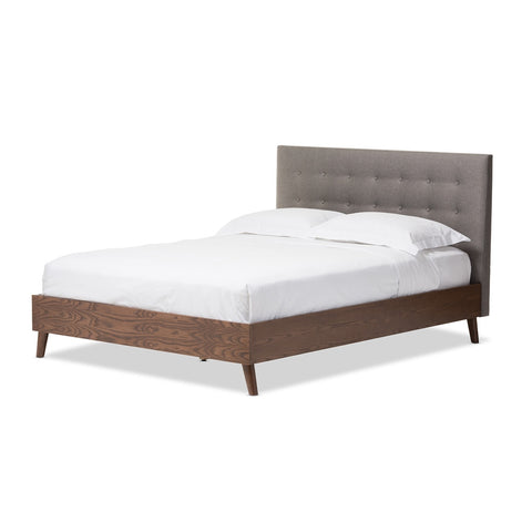 Baxton Studio Alinia Mid-Century Retro Modern Grey Fabric Upholstered Walnut Wood Full Size Platform Bed