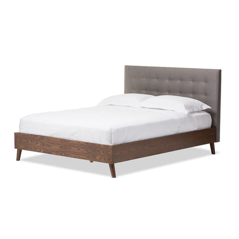 Baxton Studio Alinia Mid-Century Retro Modern Grey Fabric Upholstered Walnut Wood Queen Size Platform Bed