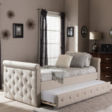 BAXTON STUDIO SWAMSON MODERN AND CONTEMPORARY BEIGE FABRIC TUFTED TWIN SIZE DAYBED WITH ROLL-OUT TRUNDLE GUEST BED