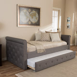 BAXTON STUDIO SWAMSON MODERN AND CONTEMPORARY GREY FABRIC TUFTED TWIN SIZE DAYBED WITH ROLL-OUT TRUNDLE GUEST BED