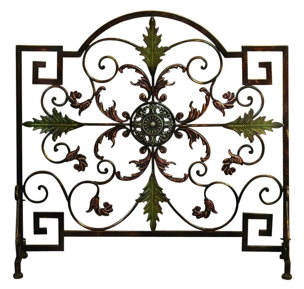 Domed Top Leaf Patterned Single Panel Metal Fire Screen, Bronze and Green