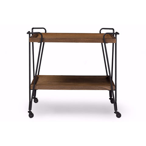 Industrial Style Ash Wood Mobile Serving Bar Cart, Brown and Black