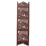 Hand Carved Elephant Design Fold able 4-Panel Wooden Room Divider, Brown