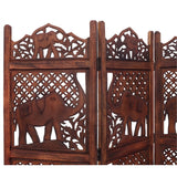 Hand Carved Elephant Design Fold able 4-Panel Wooden Room Divider, Brown