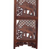 Hand Carved Elephant Design Fold able 4-Panel Wooden Room Divider, Brown