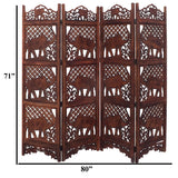 Hand Carved Elephant Design Fold able 4-Panel Wooden Room Divider, Brown