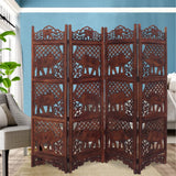 Hand Carved Elephant Design Fold able 4-Panel Wooden Room Divider, Brown