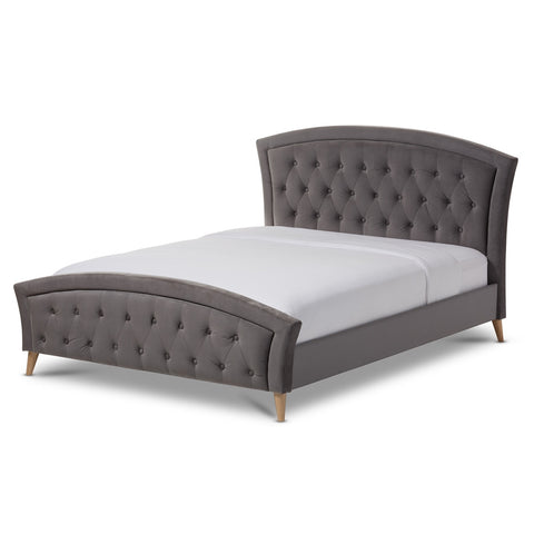 Baxton Studio Hannah Modern and Contemporary Grey Velvet Fabric Upholstered and Natural Finishing King Size Platform Bed