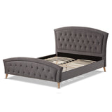 Baxton Studio Hannah Modern and Contemporary Grey Velvet Fabric Upholstered and Natural Finishing Queen Size Platform Bed