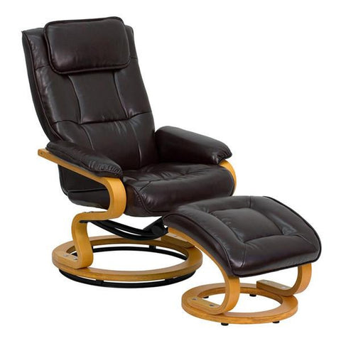 CONTEMPORARY BROWN LEATHER RECLINER AND OTTOMAN WITH SWIVELING MAPLE WOOD BASE