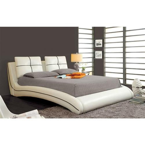 QUEEN SIZE MODERN CURVED UPHOLSTERED BED WITH PADDED HEADBOARD IN WHITE FAUX LEATHER