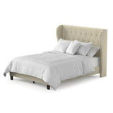 QUEEN SIZE UPHOLSTERED WINGBACK BED WITH BUTTON TUFTED HEADBOARD IVORY