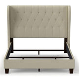 QUEEN SIZE UPHOLSTERED WINGBACK BED WITH BUTTON TUFTED HEADBOARD IVORY