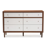 Baxton Studio Harlow Mid-Century Modern White and Walnut Wood 6-Drawer Dresser