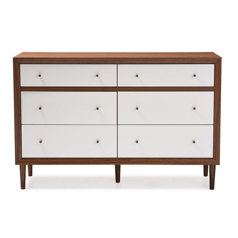 Baxton Studio Harlow Mid-Century Modern White and Walnut Wood 6-Drawer Dresser