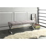 MODERN LIVING ROOM METAL BENCH WITH BUTTON-TUFTED GREY LINEN SEAT