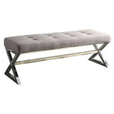 MODERN LIVING ROOM METAL BENCH WITH BUTTON-TUFTED GREY LINEN SEAT