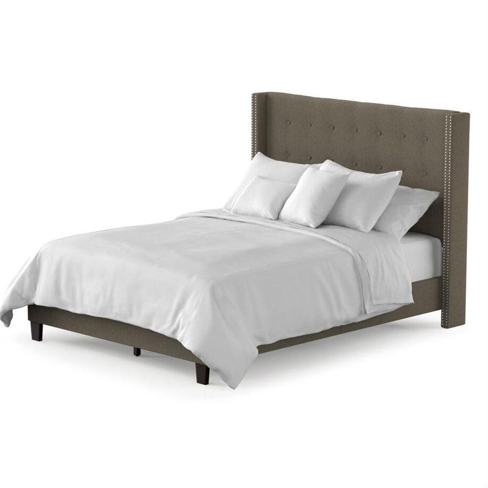 QUEEN SIZE UPHOLSTERED BED WITH WINGBACK BUTTON-TUFTED HEADBOARD IN TAUPE CHENILLE FABRIC