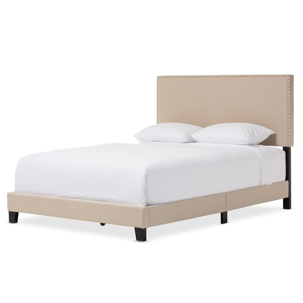 Baxton Studio Ramon Modern and Contemporary Beige Linen Upholstered Queen Size Bed with Nail Heads
