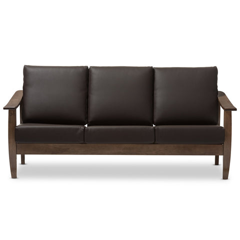 Baxton Studio Pierce Mid-Century Modern Brown 3-Seater Faux Leather Sofa