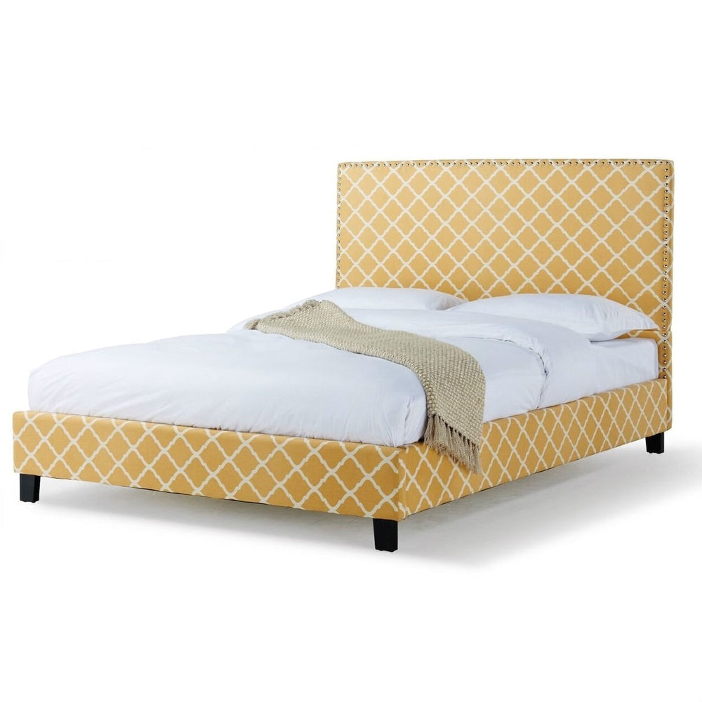 QUEEN SIZE UPHOLSTERED PLATFORM BED AND HEADBOARD WITH LATTICE MUSTARD TRELLIS PATTERN