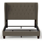 QUEEN SIZE UPHOLSTERED WINGBACK BED WITH BUTTON TUFTED HEADBOARD TAUPE