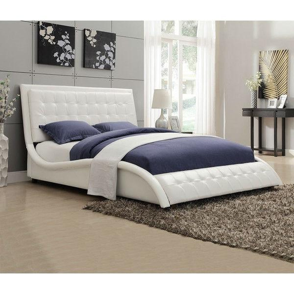 QUEEN SIZE WHITE FAUX LEATHER UPHOLSTERED BED WITH BUTTON-TUFTED HEADBOARD