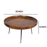 Round Mango Wood Coffee Table With Splayed Metal Legs, Brown and Black