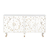 Rustic 4 Door Mango Wood Sideboard with Carved Front, White and Brown