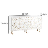 Rustic 4 Door Mango Wood Sideboard with Carved Front, White and Brown