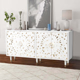 Rustic 4 Door Mango Wood Sideboard with Carved Front, White and Brown