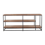 3 Tier Metal Framed Entertainment Unit with Wooden Shelves, Brown and Black