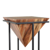 30 Inch Pyramid Shape Wooden Side Table With Cross Metal Base, Brown and Black