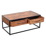 2 Drawer Industrial Metal Coffee Table with Wooden Tile Top, Brown and Black