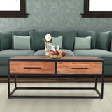 2 Drawer Industrial Metal Coffee Table with Wooden Tile Top, Brown and Black