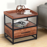 Handcrafted Industrial Metal End Table with Wooden Drawer, Brown and Black