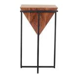 26 Inch Pyramid Shape Wooden Side Table With Cross Metal Base, Brown and Black