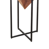 26 Inch Pyramid Shape Wooden Side Table With Cross Metal Base, Brown and Black