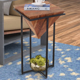 26 Inch Pyramid Shape Wooden Side Table With Cross Metal Base, Brown and Black