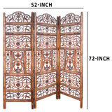 Handcrafted 3 Panel Mango Wood Screen with Cutout Filigree Carvings, Brown