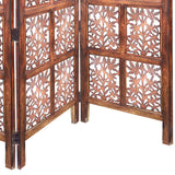 3 Panel Mango Wood Screen with Intricate Cutout Carvings, Brown